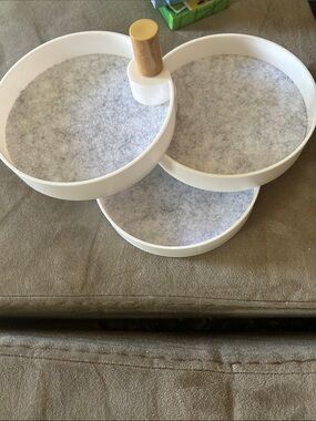 Three-Tier White Rotating Organizer with Wood Accent